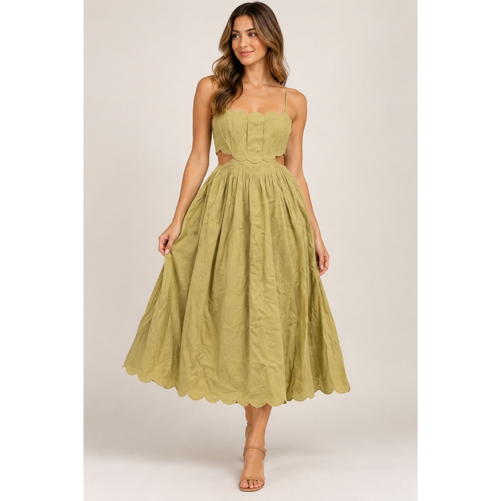 Zimmermann Cutout Midi Dress Womens 4 Mustard Yellow Scalloped Linen Shells
